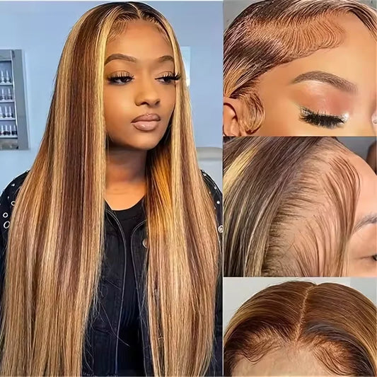 36 Inches P4/27 Highlight Straight Human Hair 200 Density 13x6 HD Transparent Lace Frontal Wig For Women