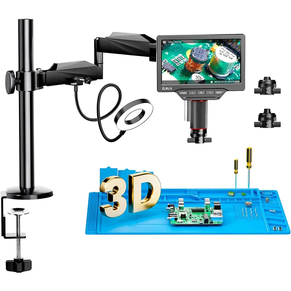 Elikliv 7" 3D Digital Microscope with Magnetic Dual Lens Flex Arm Ring Light 3K Soldering Microscopio for Electronics EM3K-3D
