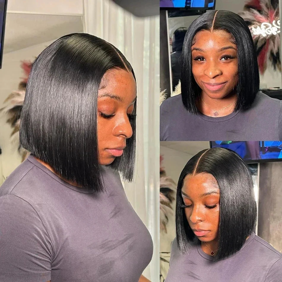 13x4 Transparent Lace Closure Straight Hair Short Bob Wig Remy Brazilian 220% Human Hair #Natural Black Color Wigs For Women