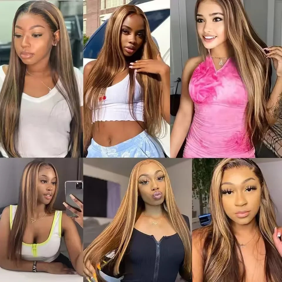 36 Inches P4/27 Highlight Straight Human Hair 200 Density 13x6 HD Transparent Lace Frontal Wig For Women