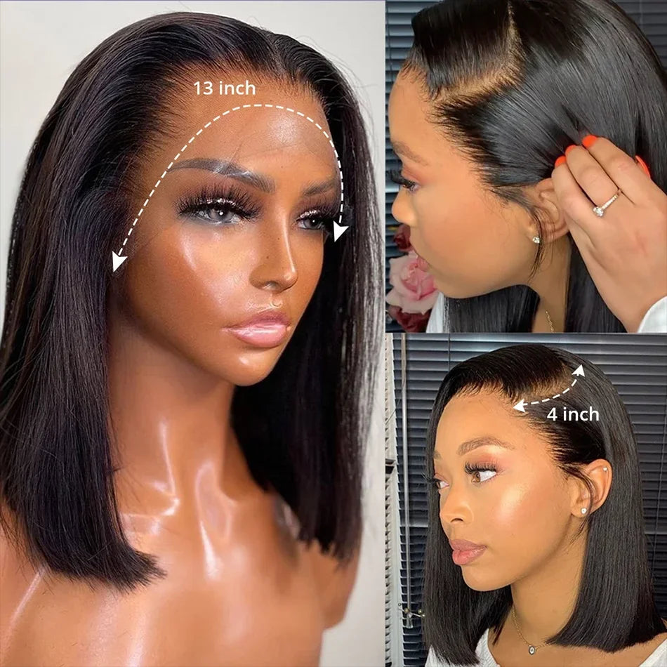 13x4 Transparent Lace Closure Straight Hair Short Bob Wig Remy Brazilian 220% Human Hair #Natural Black Color Wigs For Women