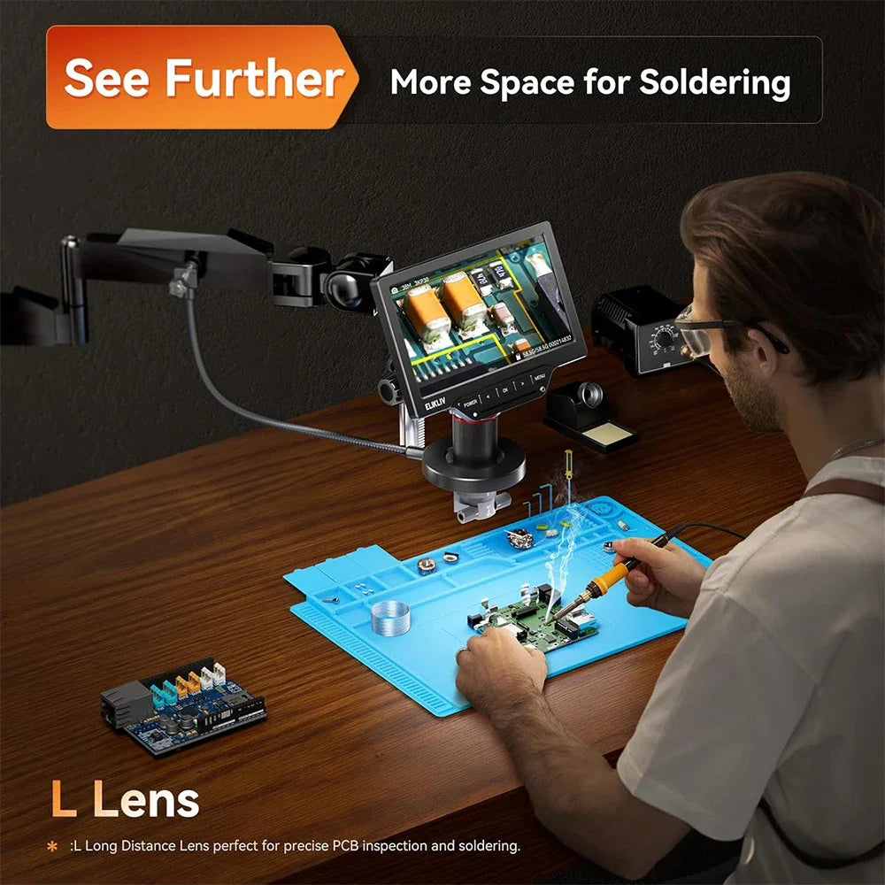 Elikliv 7" 3D Digital Microscope with Magnetic Dual Lens Flex Arm Ring Light 3K Soldering Microscopio for Electronics EM3K-3D
