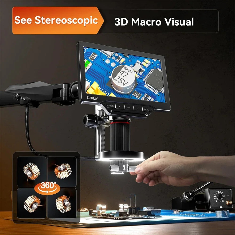 Elikliv 7" 3D Digital Microscope with Magnetic Dual Lens Flex Arm Ring Light 3K Soldering Microscopio for Electronics EM3K-3D