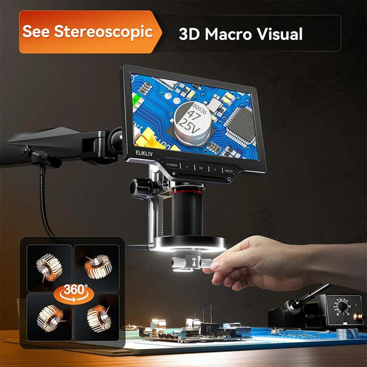 Elikliv 7" 3D Digital Microscope with Magnetic Dual Lens Flex Arm Ring Light 3K Soldering Microscopio for Electronics EM3K-3D