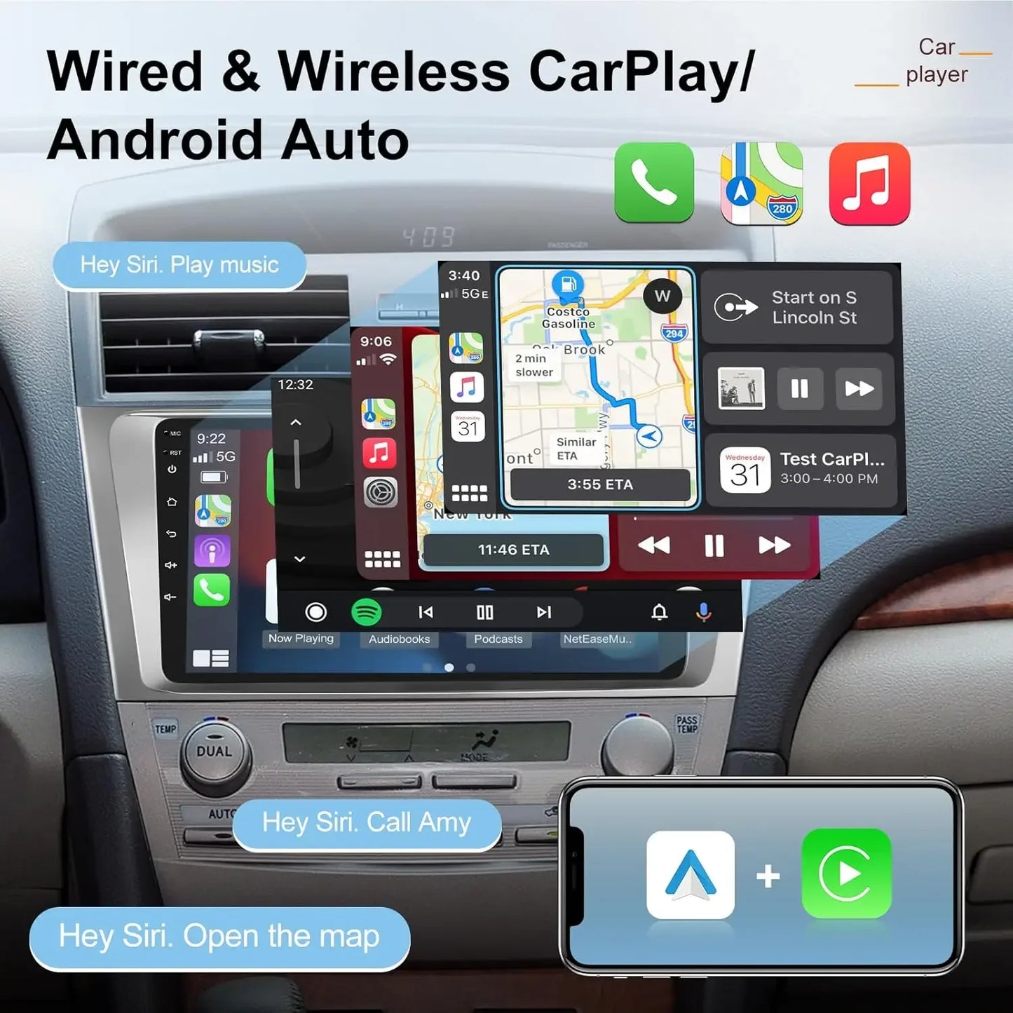 For Carplay/Android Auto 9" Automobile Player Android 13 Bluetooth Navigation Car Music Player Compatible for Camry 2007-2011