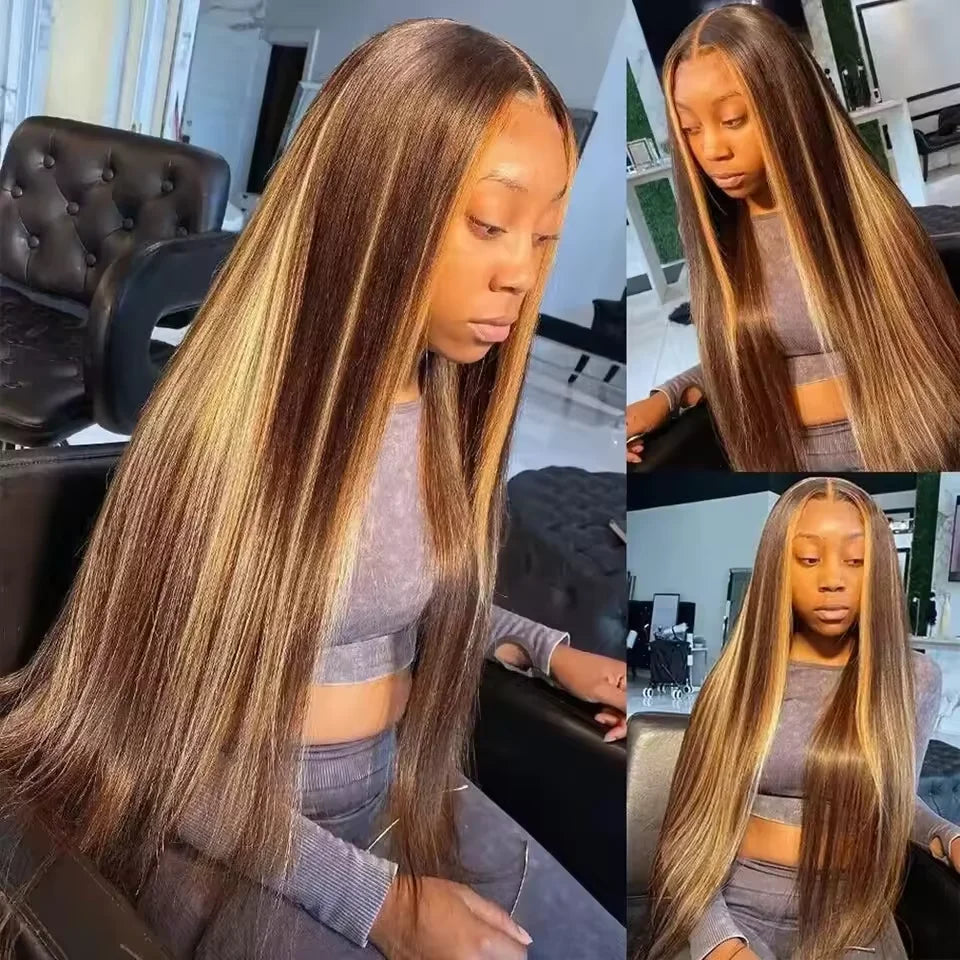 36 Inches P4/27 Highlight Straight Human Hair 200 Density 13x6 HD Transparent Lace Frontal Wig For Women