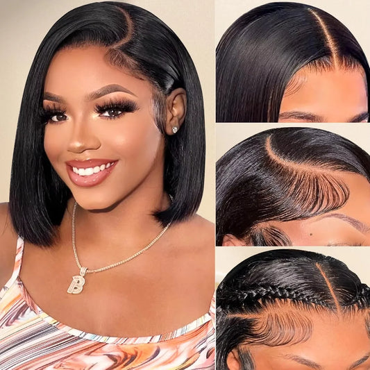 13x4 Transparent Lace Closure Straight Hair Short Bob Wig Remy Brazilian 220% Human Hair #Natural Black Color Wigs For Women