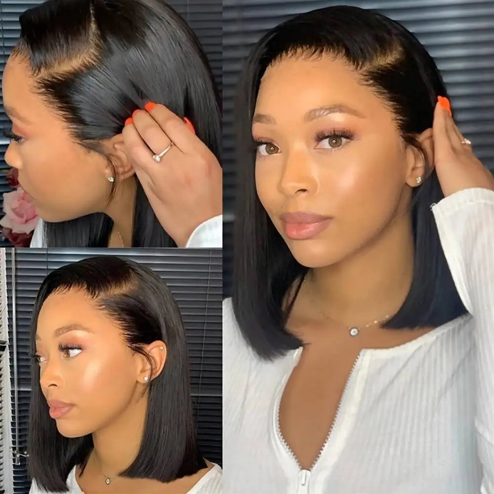 13x4 Transparent Lace Closure Straight Hair Short Bob Wig Remy Brazilian 220% Human Hair #Natural Black Color Wigs For Women